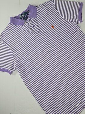 POLO RALPH LAUREN POLO SHIRT MEN'S SIZE MEDIUM CUSTOM FIT PURPLE WHITE STRIPED..